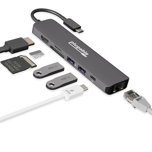 Plugable 7-in-1 USB C Hub Multiport Adapter with Ethernet - Compatible with Mac, Windows, Chromebook, Dell XPS and Thunderbolt 3 (87W Charging, Gigabit Ethernet, 4K HDMI, 2x USB, SD/microSD) - USBC-7IN1E