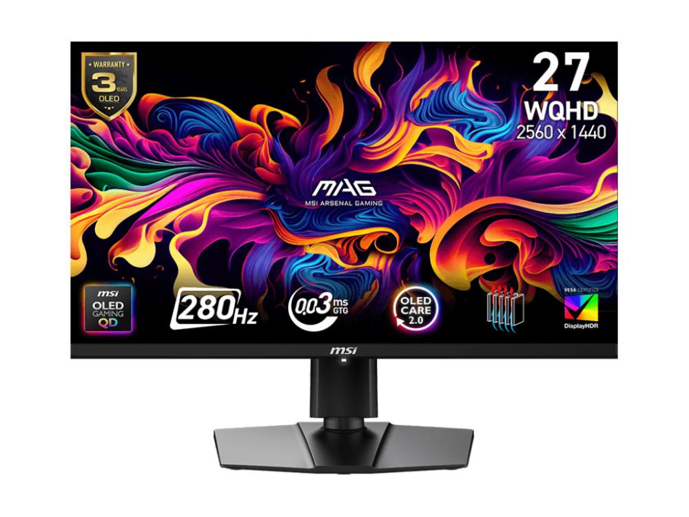 MSI Mag 271Qp Qd-Oled X28 - Flat - 2560 X 1440 - 26.5Inch - 0.03Ms Response Time - 280 Hz Refresh Rate - 1500000:1 (Typ.) - Sdr: 250 Nits,Hdr: 450 (Typ.) (True Black 400 With10% Apl)Nits,1000 (Typ.) (Peak 1000 With 3% Apl)Nits - MAG271QPQDOLEDX28