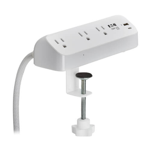 Eaton Tripp Lite Series Protect It! 3-Outlet Surge Protector with USB-A and USB-C Ports - 5-15R Outlets, 900 Joules, 20W PD Charging, Desk Clamp, 8 ft. (2.4 m) Braided Cord, White - TLP308U20CLAMP