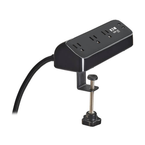 Eaton Tripp Lite Series Protect It! 3-Outlet Surge Protector with 2 USB-C Ports - 5-15R Outlets, 900 Joules, 30W PD Charging, Desk Clamp, 10 ft. (3 m) Braided Cord, Black - TLP310U30CLAMPB