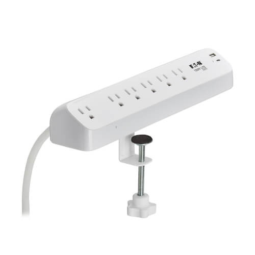 Eaton Tripp Lite Series Protect It! 6-Outlet Surge Protector with USB-A and USB-C Charging Ports - 5-15R Outlets, 900 Joules, Desk Clamp, 6 ft. (1.8 m) Cord, White - TLP66UCLAMP