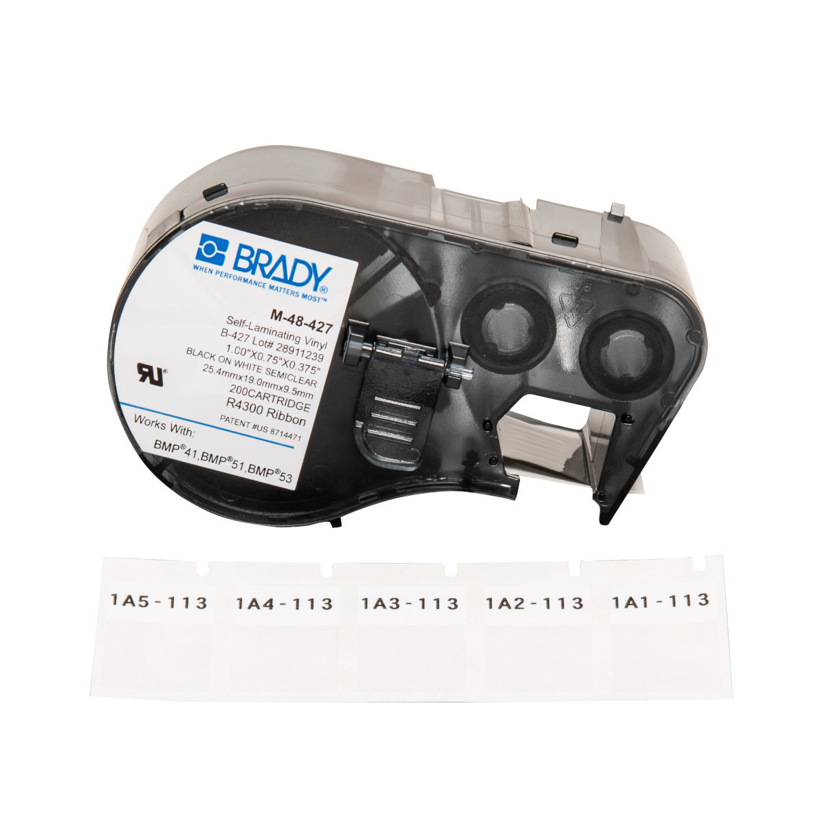 Brady Self-Laminating Vinyl Wrap Around Labels with Ribbon for BMP41 BMP51 - 1" x 0.75", Black on White, Clear - M-48-427
