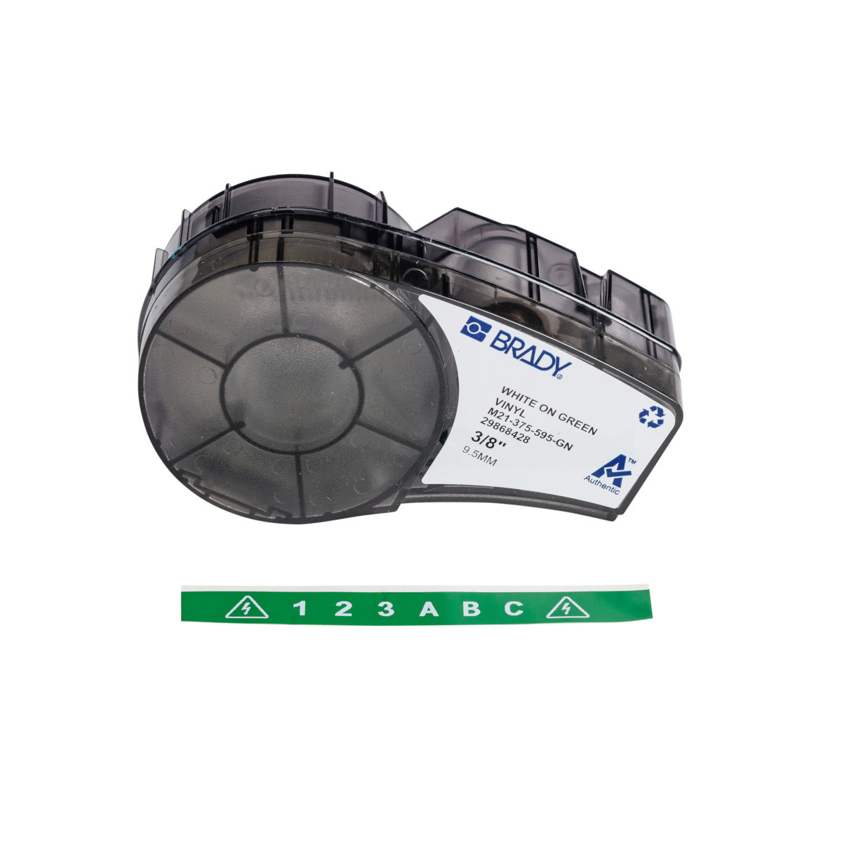 Brady Weather Permanent Adhesive Vinyl Label Tape with Ribbon for M210, M211, BMP21-PLUS Printers - 0.375", White on Green - M21-375-595-GN
