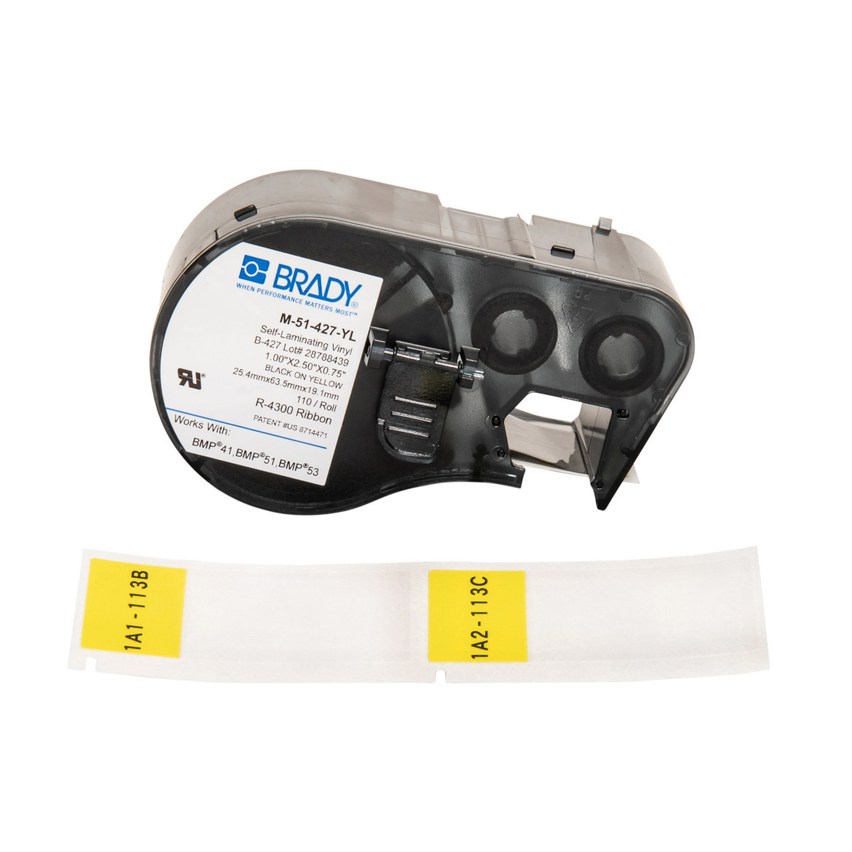 Brady Self-Laminating Vinyl Wrap Around Labels with Ribbon for BMP41 BMP51 - 2.5" x 1", Black on Yellow, Clear - M-51-427-YL