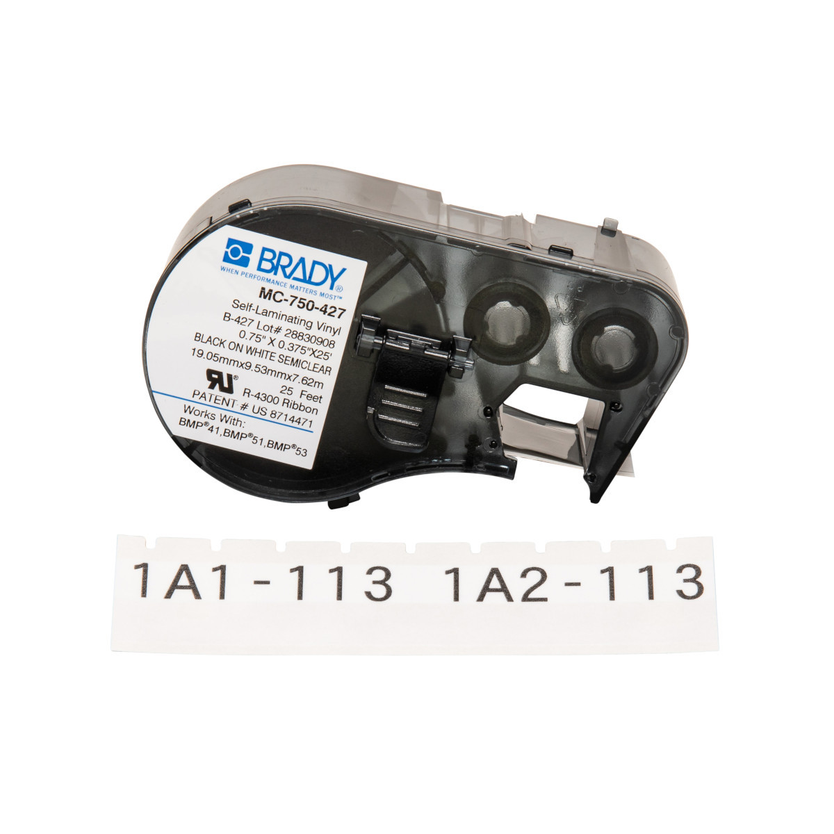 Brady Self-Laminating Vinyl Wrap Around Labels with Ribbon for BMP41 BMP51 - 0.75", Black on White, Clear - MC-750-427
