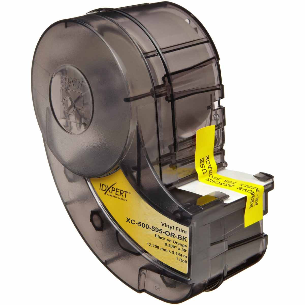 Brady Weather Permanent Adhesive Vinyl Label Tape with Ribbon for XPERT Printers - 0.5", Black on Orange - 142331