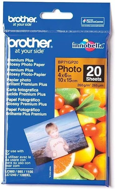 Brother BP71GP20 Photo Paper, 6 Inch x 4 Inch, Premium Plus Glossy, 15 cm (W) x 10 cm (L), 20 Sheets, Brother Genuine Supplies, White - BP71GP20