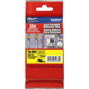 Brother P-Touch TZe Extra Strength Adhesive Tape - 15/16" Width - Thermal Transfer - Black, Yellow - Polyethylene - 1 Each - Water Resistant - Temperature Resistant, Chemical Resistant, Abrasion Resistant, Fade Resistant - TZE-S651