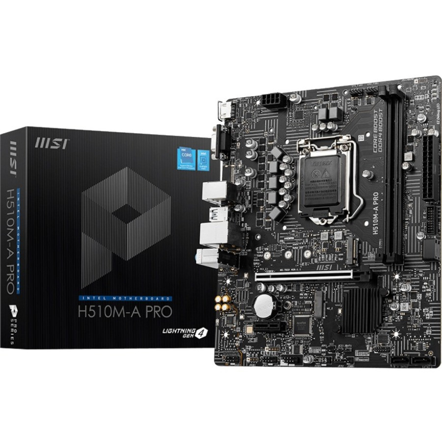 MSI H510M-A Pro Desktop Motherboard - Intel Chipset - Socket Lga-1200 - Micro Atx - Pentium Gold, Celeron, Core I5, Core I7, Core I9, Core I3 Processor Supported - 64 Gb Ddr4 Sdram Maximum Ram - Dimm, Udimm - 2 X Memory Slots - H510MAPRO