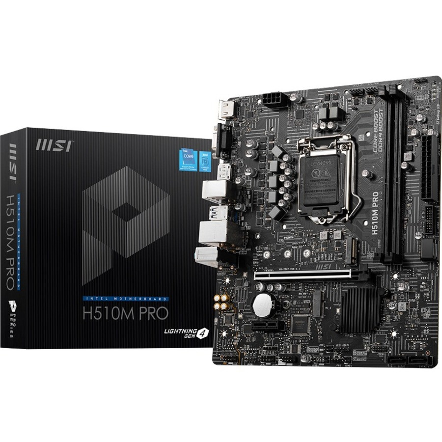 MSI H510M Pro Desktop Motherboard - Intel Chipset - Socket Lga-1200 - Micro Atx - Pentium Gold, Celeron, Core I5, Core I7, Core I9, Core I3 Processor Supported - 64 Gb Ddr4 Sdram Maximum Ram - Dimm, Udimm - 2 X Memory Slots - H510MPRO