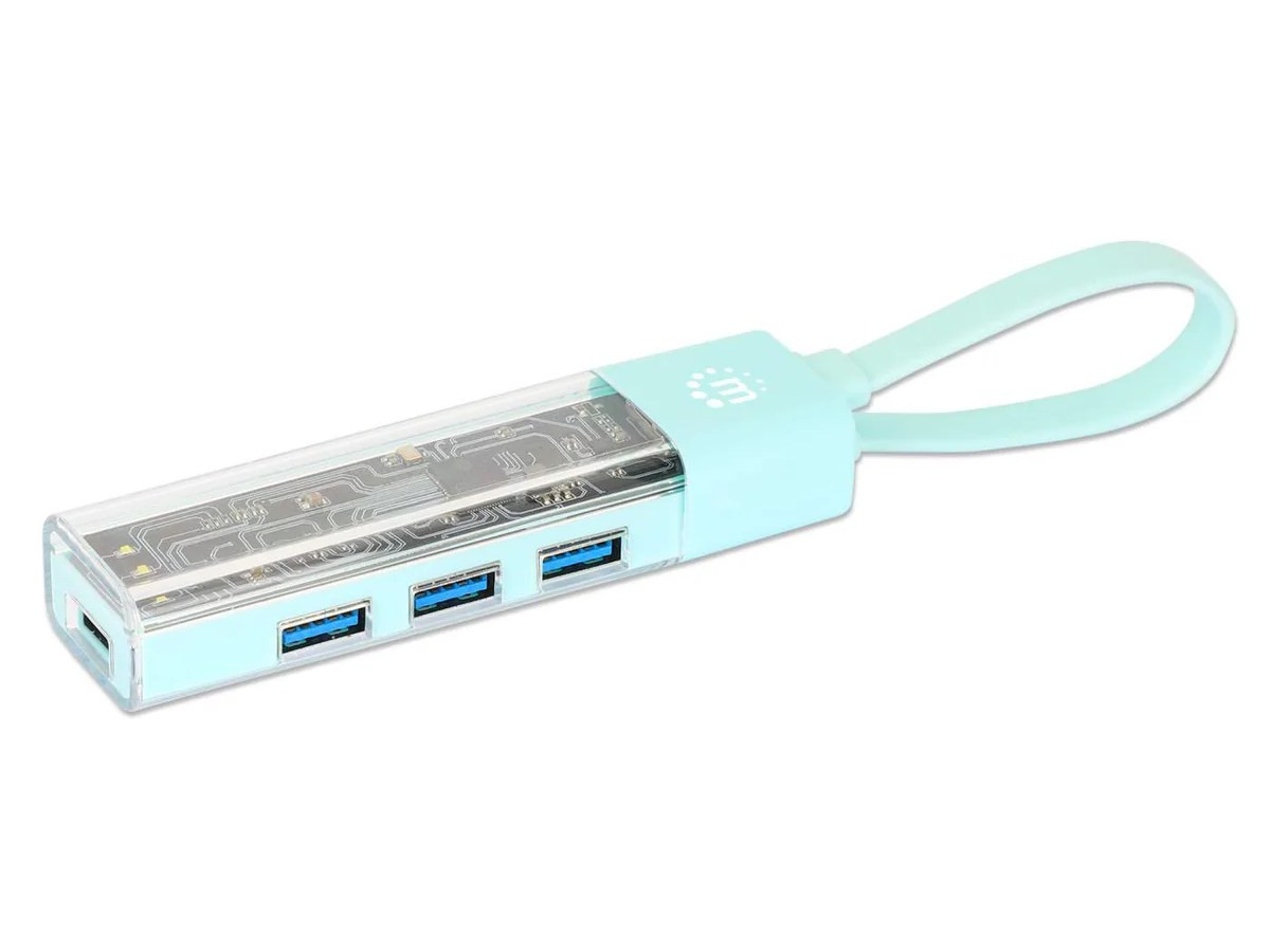 Manhattan Usb-c Male And Usb-a Male To Four Usb-a Ports, 5 Gbps Superspeed Usb (usb 3.2 Gen 1), Bus Powered, Detachable Usb-a To Usb-c Cable As Carry Loop, Clear/teal, Packaging Type: Retail Hanging Box - 181020