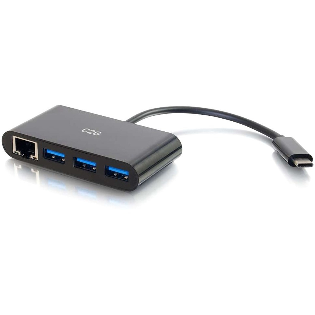 C2G USB-C to Ethernet Adapter with 3-Port USB Hub - Black - CG29747