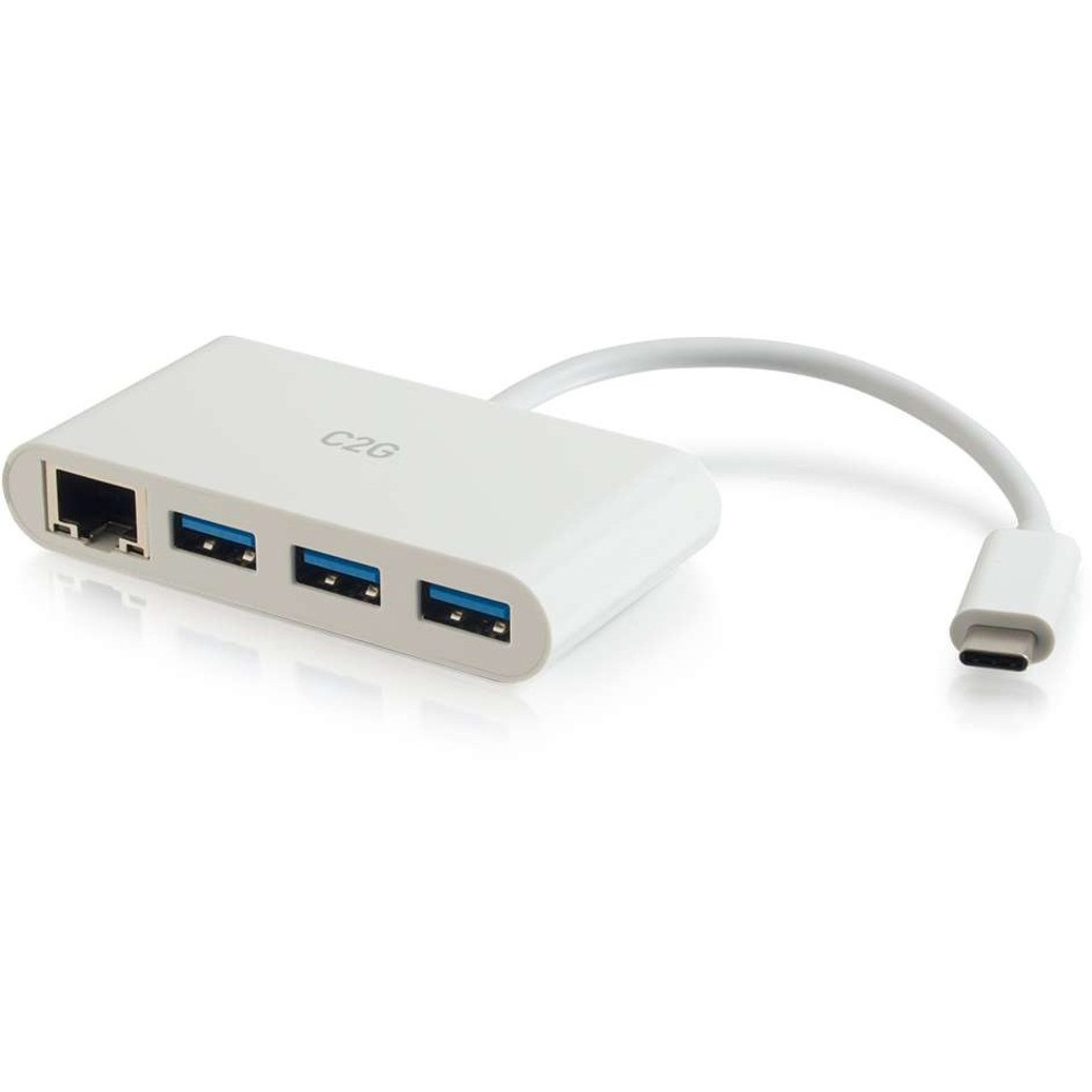 C2G USB-C to Ethernet Adapter with 3-Port USB Hub - White - CG29746