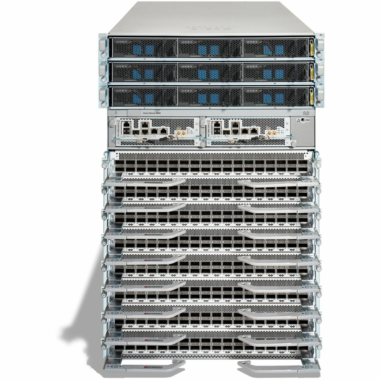 Cisco Nexus 9808 Switch Chassis - Manageable - 400 Gigabit Ethernet, 25 Gigabit Ethernet, 10 Gigabit Ethernet, 50 Gigabit Ethernet - Modular - Gray - 16U - Rack-mountable - 1 Year Limited Warranty - N9K-C9808-B1-A