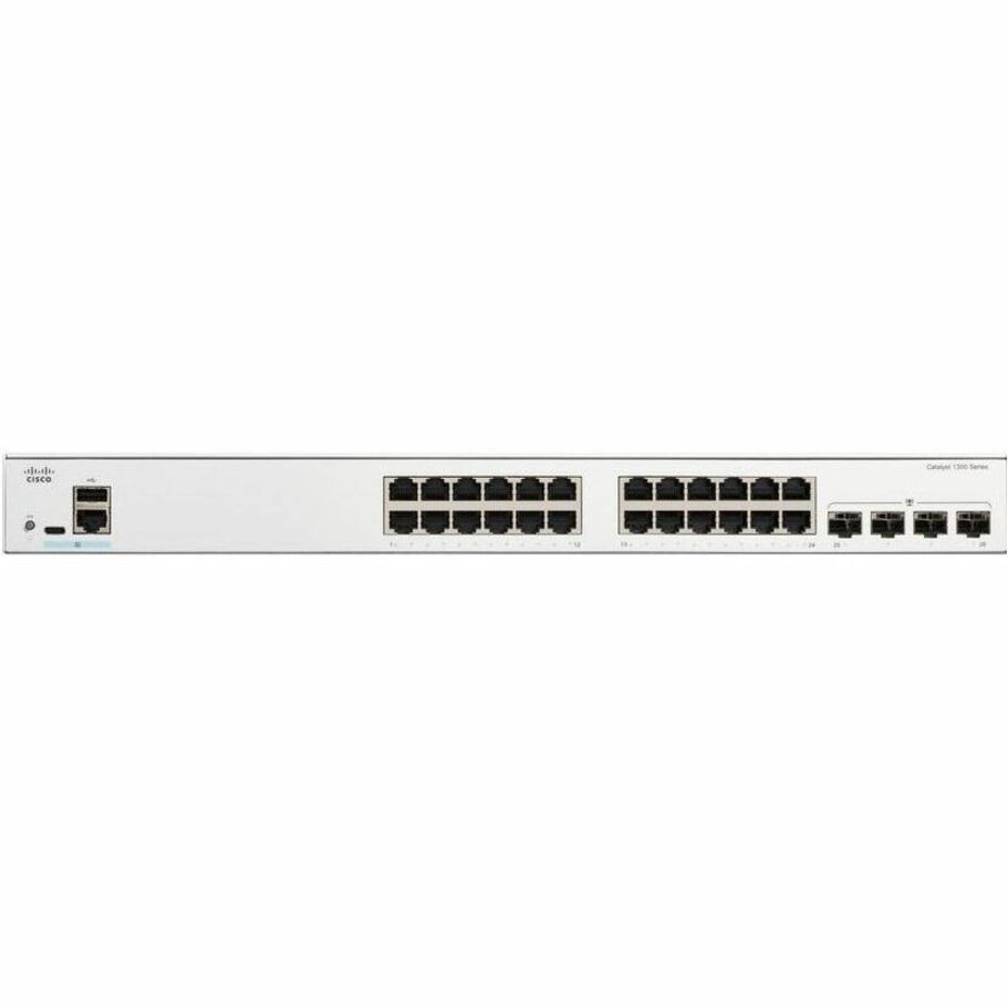 Cisco Refurbished - Catalyst C1300-24T-4G Ethernet Switch, 1RU, Wired, 1Gbps, 31 Ports, Gigabit Ethernet, ARM, 1GB RAM, 512MB Flash Memory, 24x 10/100/1000 Ports, 4x Gigabit SFP, RJ-45 Console Port, USB Type C Port – C1300-24T-4G-RF