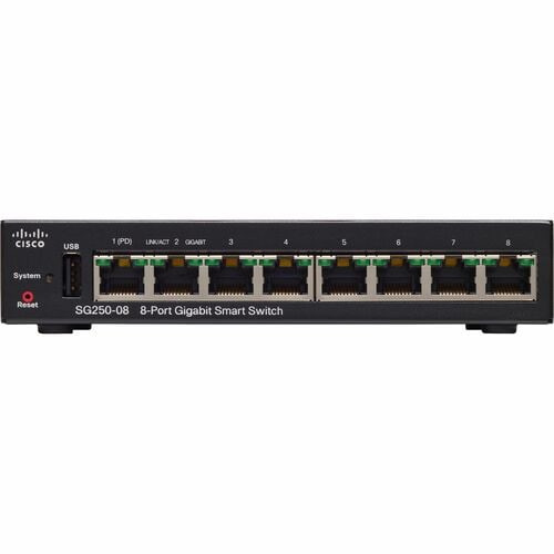 Cisco Refurbished SG250-08 8-Port Gigabit Smart Switch - 8 Ports - Manageable - Gigabit Ethernet - 1000Base-T - Refurbished- SG250-08-K9-KR-RF