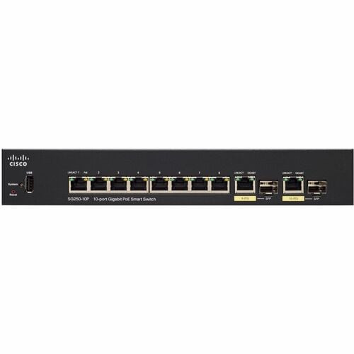 Cisco Refurbished SG250-10P 10-Port Gigabit PoE Smart Switch - 10 Ports - Manageable - Gigabit Ethernet - 10/100/1000Base-TX, 1000Base-X- SG250-10P-K9-CN-RF