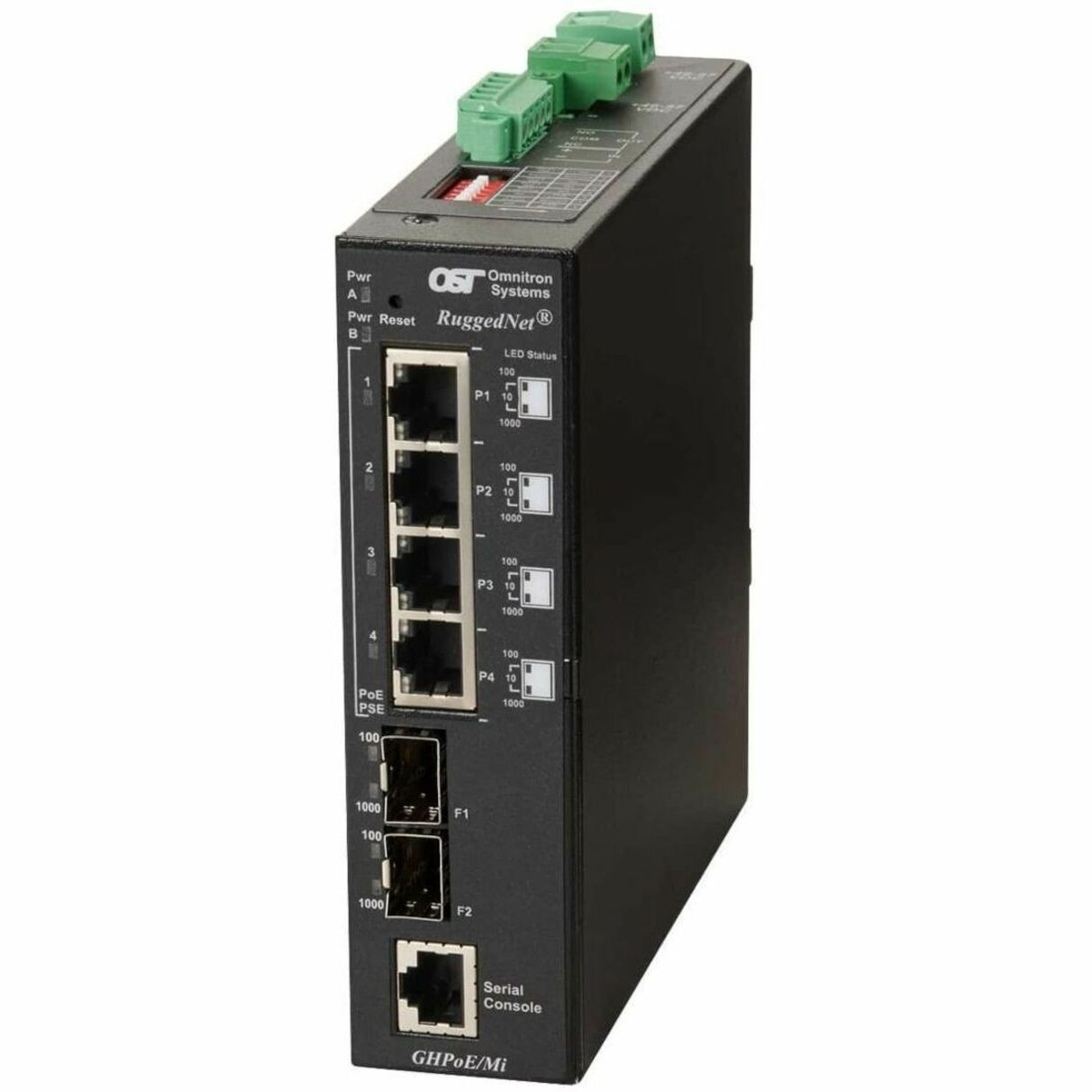 Omnitron Systems RuggedNet GHPoEBT/Mi Ethernet Switch - 4 Ports - Gigabit Ethernet - 10/100/1000Base-T, 1000Base-X - 2 Layer Supported - 2 SFP Slots - Twisted Pair, Optical Fiber - DIN Rail Mountable - TAA Compliant - 3319B-0-24-2Z