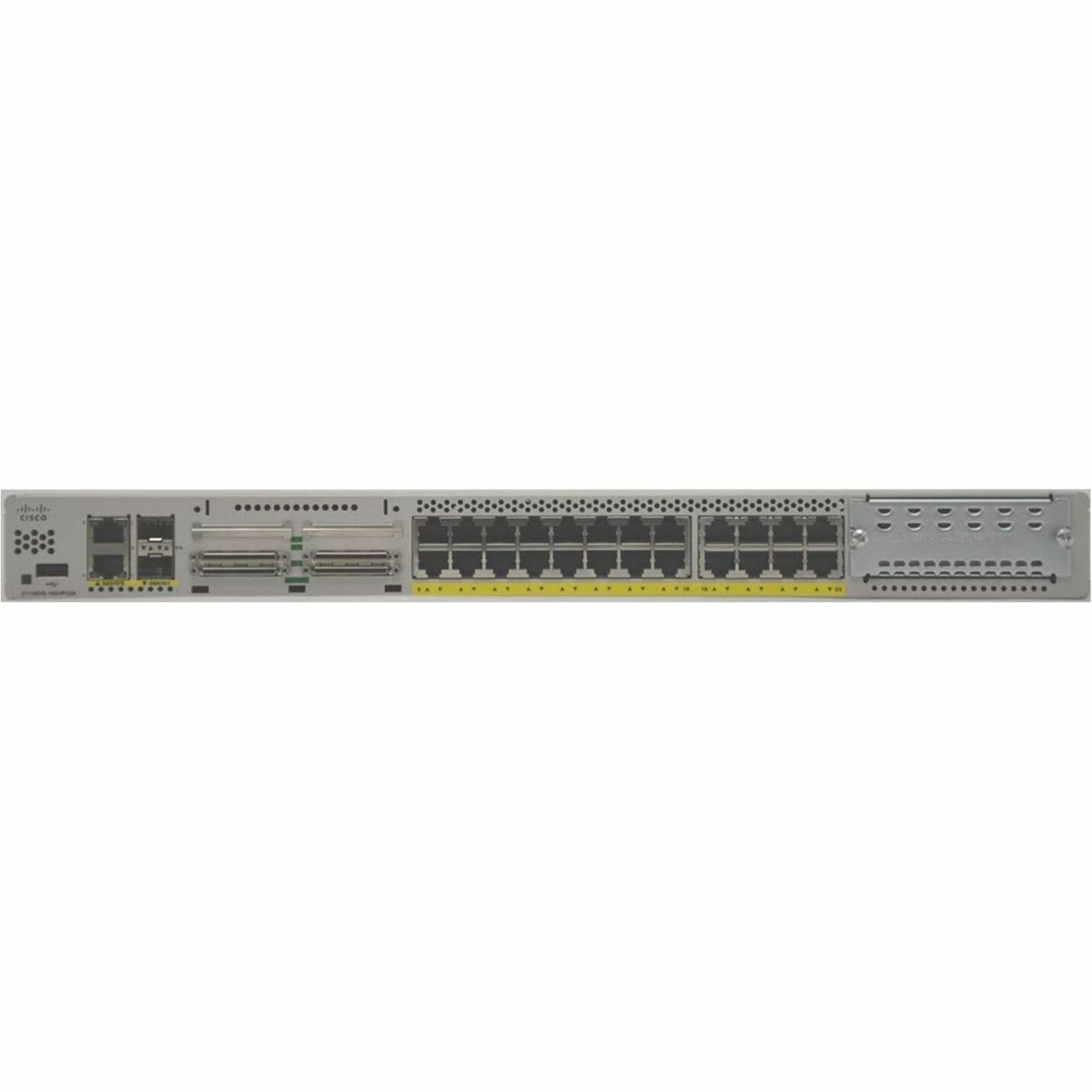 Cisco Refurbished C1100TG-1N24P32A Router - 26 Ports - 24 RJ-45 Port(s) - 2 WAN Port(s) - 3 Network Interface Module (NIM) Slots, SFP Slots - 4 GB - Gigabit Ethernet - IEEE 802.1Q, IEEE 802.3 - 1U - Rack-mountable - C1100TG1N24P32A-RF