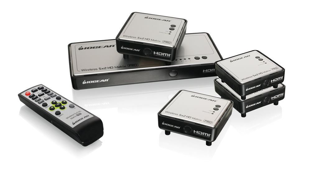 IOGEAR Long Range Wireless 5x2 HD Matrix PRO with Multicast – 4 Receivers – Supports Uncompressed 1080p up to 200 ft – TAA Compliant – GWHDMS52MBK4 IOGEAR Long Range Wireless 5x2 HD Matrix PRO with Multicast – 4 Receivers – Supports Uncompressed 1080p up to 200 ft – TAA Compliant – GWHDMS52MBK4