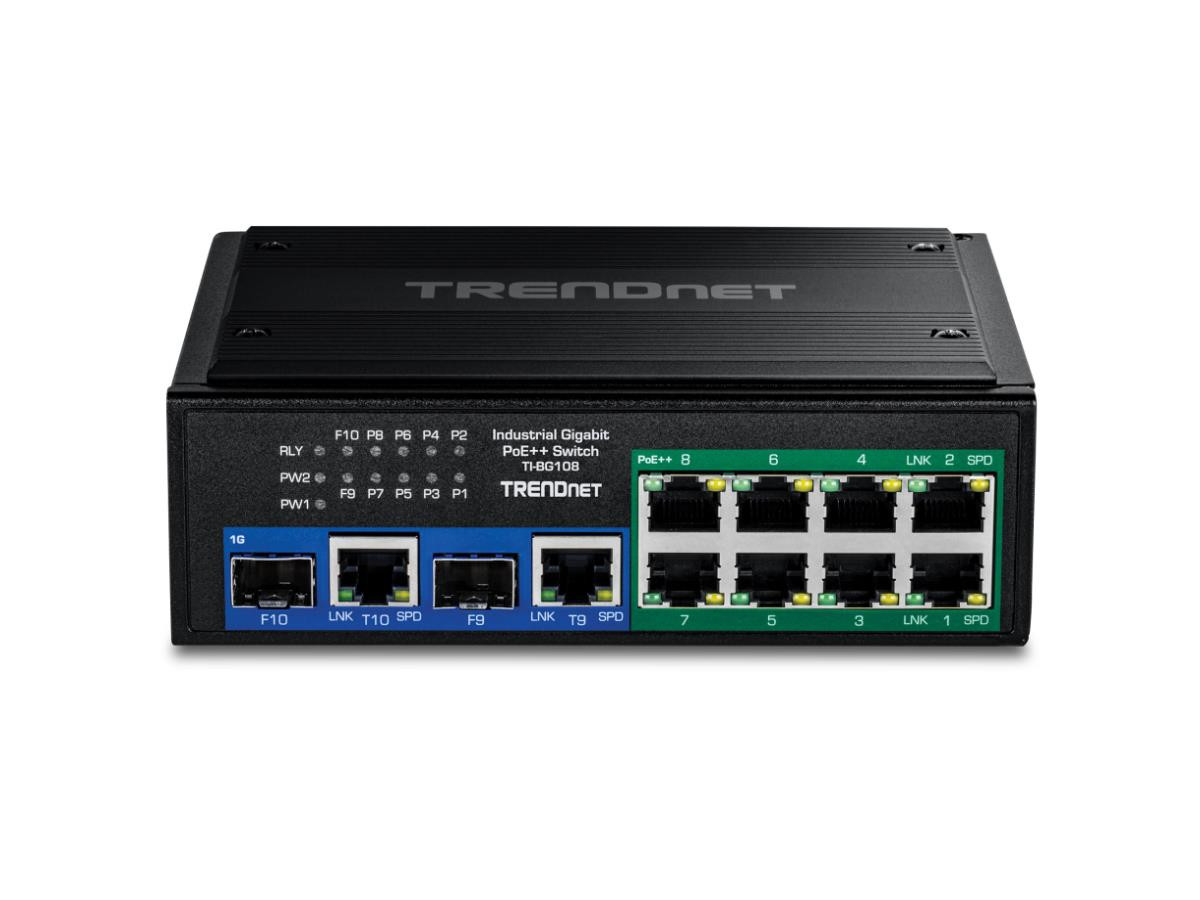 Trendnet 10-port Industrial Gigabit 400w Poe++ Din-rail Switch - Ti-bg108 - Wired - 2gbps - Gigabit Ethernet - 8 X Gigabit Poe++ Ports;2 X Gigabit Shared Ports (rj-45 / Sfp) - Mtbf 515469 Hours - Lifetime Warranty - TI-BG108