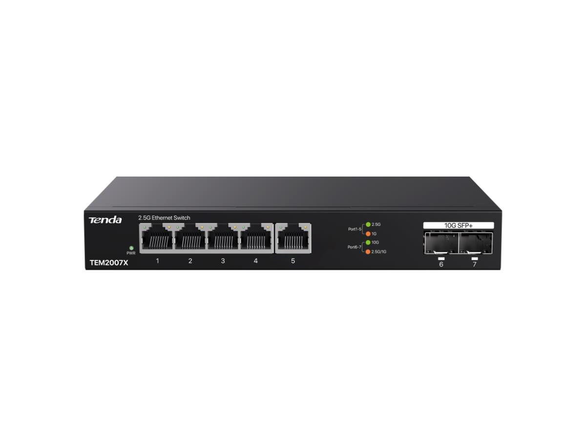 Tenda Tem2007X 5-Port 2.5G Ethernet Switch With 2 10G Sfp+ Slots - Desktop - Wired - 10Gbps - Networking / Ports Qty: 7 - Gigabit Ethernet - 100-240V - Ieee 802.3, Ieee 802.3U, Ieee 802.3Ab,Ieee 802.3X, Ieee 802.3Bz,Ieee 802.3Aei - TEM2007X