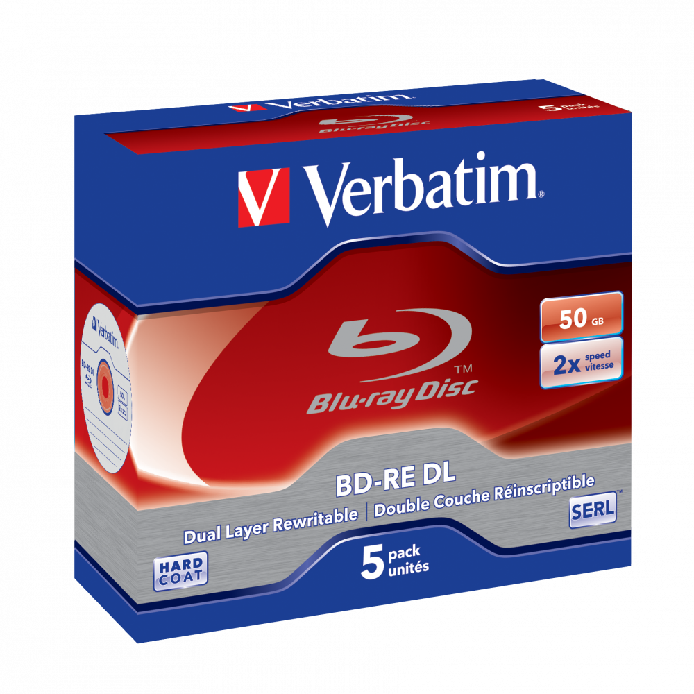Verbatim BD-RE DL 50GB 2x 5 Pack Jewel Case, Blu-Ray Disc - 43760