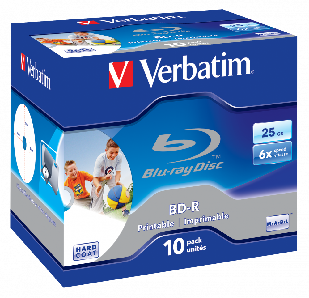 Verbatim Blu-Ray Disc, BD-R SL 25GB 6x Printable 10 Pack Jewel Case - 43713