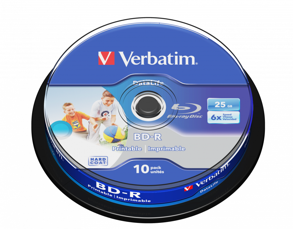 Verbatim Blu-Ray Disc, BD-R SL Datalife 25GB 6x Wide Inkjet Printable 10 Pack Spindle - 43804