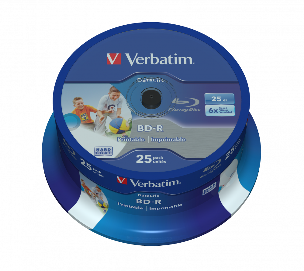 Verbatim Blu-Ray Disc, BD-R SL Datalife 25GB 6x Wide Inkjet Printable 25 Pack Spindle - 43811