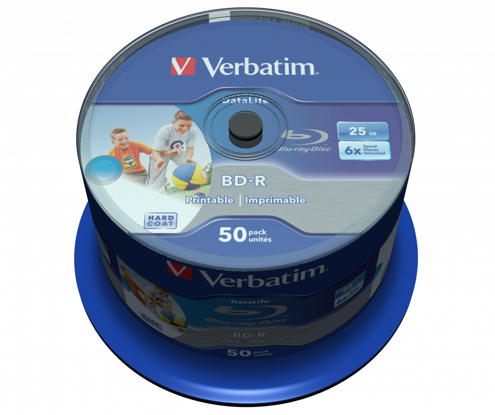 Verbatim Blu-Ray Disc, BD-R SL Datalife 25GB 6x Wide Inkjet Printable 50Pack Spindle - 43812