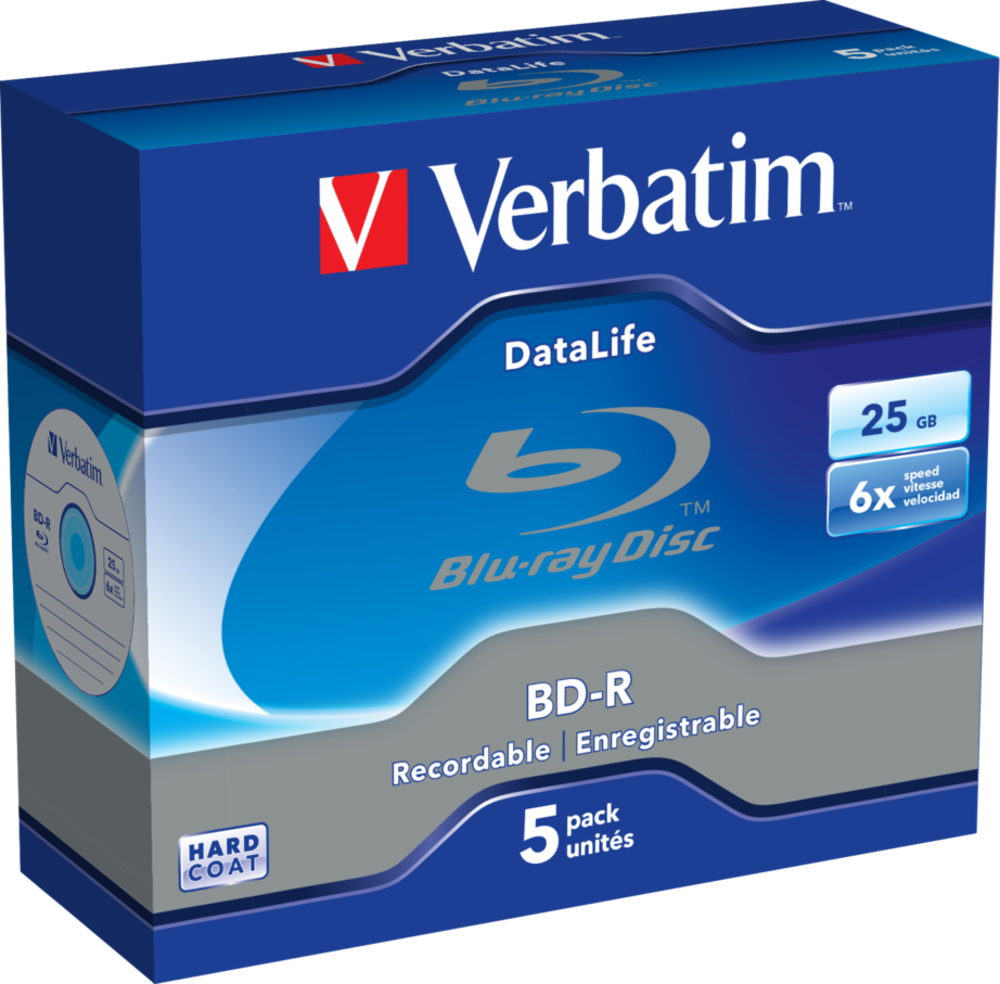 Verbatim Blu-Ray Disc, BD-R Datalife 25GB 6x 5 Pack Jewel Case - 43836