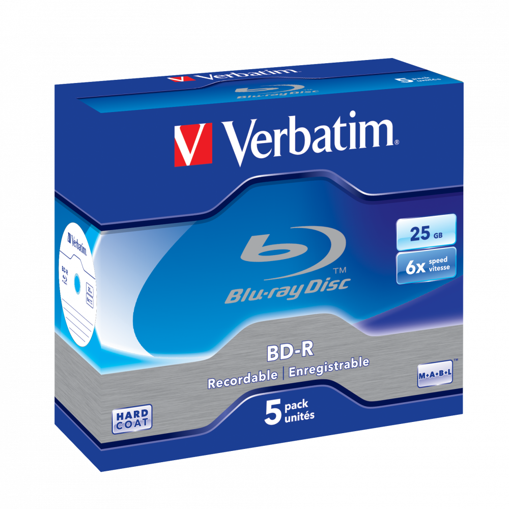 Verbatim Blu-Ray Disc, BD-R SL 25GB 6x 5 Pack Jewel Case - 43715