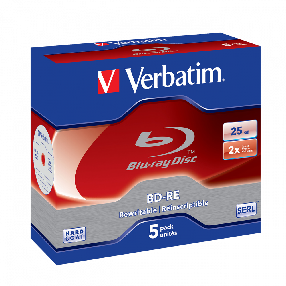 Verbatim Blu-Ray Disc, BD-RE SL 25GB 2x 5 Pack Jewel Case - 43615