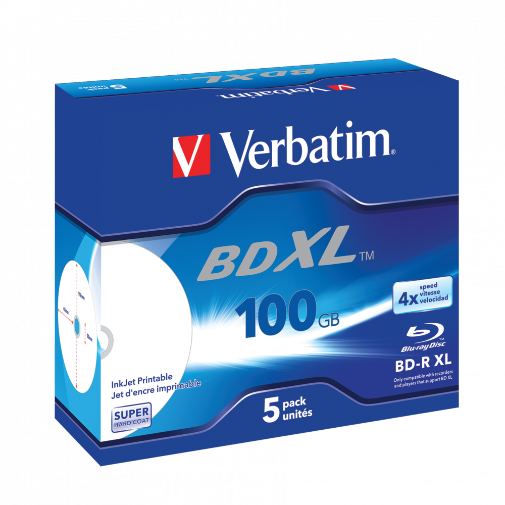 Verbatim Blu-Ray Disc, BD-R XL 100GB 4x Wide Inkjet Printable 5 Pack Jewel Case - 43789