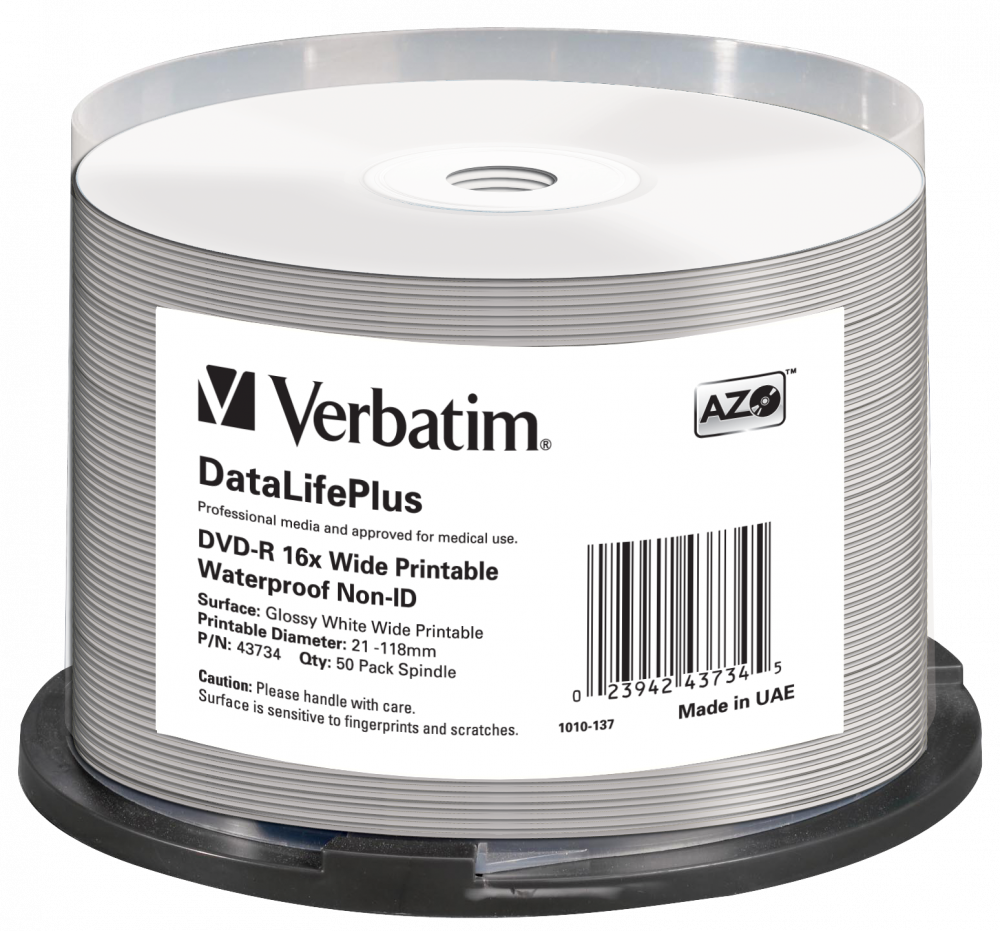 Verbatim DVD-R 16x Wide Printable Waterproof No ID Brand - 43734