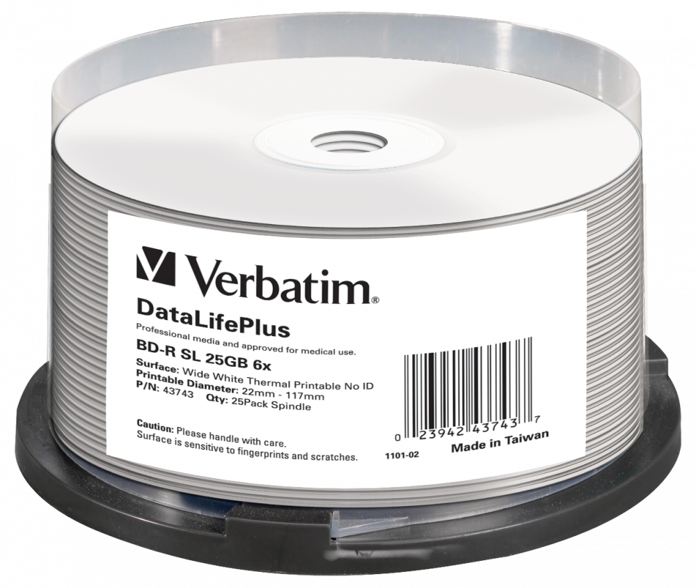 Verbatim BD-R 25GB 6x Wide White Thermal Printable 25 Pack Spindle - No ID Brand - 43743