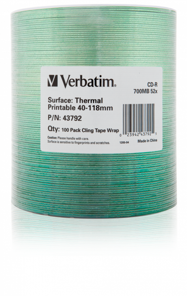 Verbatim CD-R Thermal Printable No ID Brand - 100 Pack Wrap Spindle - 43792