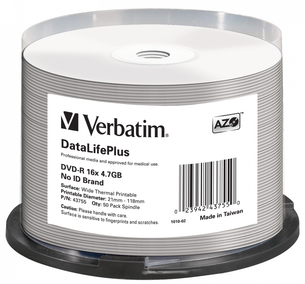 Verbatim DVD-R 16x DataLifePlus Wide Thermal Printable 50pk Spindle - No ID Brand - 43755
