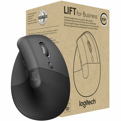 Logitech Lift for Business, Vertical Ergonomic Mouse, Wireless, Bluetooth, Logi Bolt USB, Quiet clicks, Graphite - Optical - Wireless - Bluetooth/Radio Frequency - Graphite - 1 Each - USB - 4000 dpi - Scroll Wheel - 910-006491