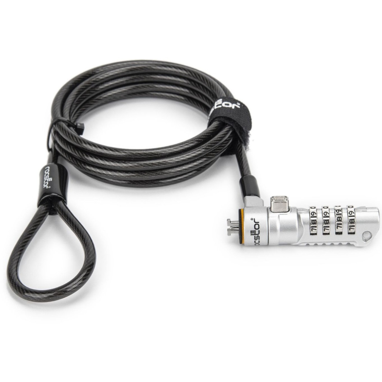 Rocstor Rocbolt N19 Security Cable, 4-digit Combination Lock For Nano-Shaped Slots - 4-digit - Black - Carbon Steel, Zinc Alloy, Vinyl, Galvanized Steel - 6 ft - For Notebook - TAA Compliant - Y1RB016-B1