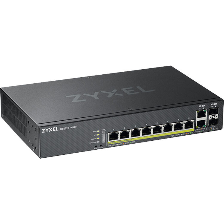 Zyxel  8-Port High Powered Gigabit Ethernet Poe+ Hybrid Cloud Smart Managed Switch, 2X Rj-45/Sfp Ports, 130W 802.3At 802.3Af, Fanless, Metal, Limited Lifetime - GS1920-8HPV2