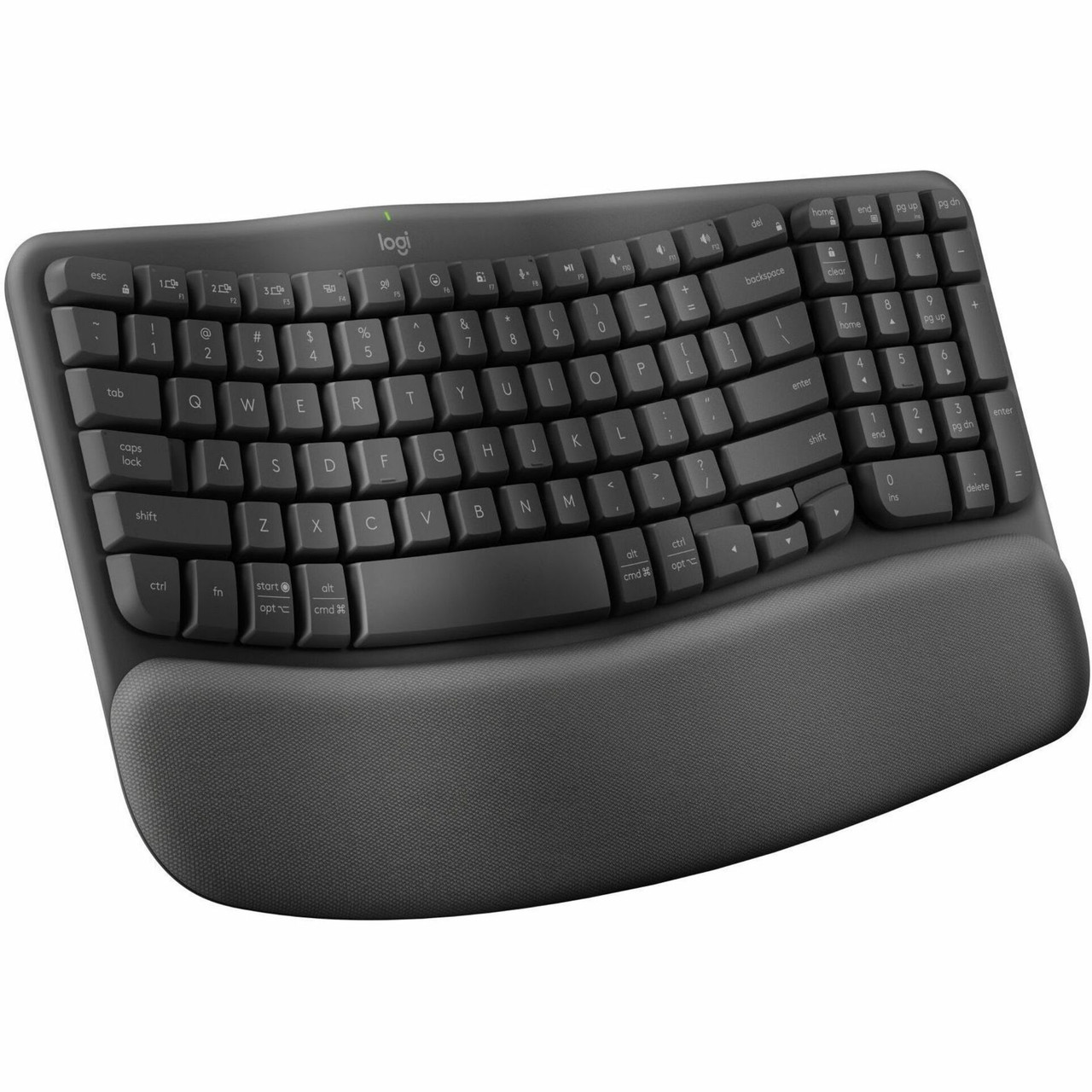 Logitech Wave Keys Wireless Ergonomic Keyboard with Cushioned Palm Rest, Comfortable Natural Typing, Graphite - Wireless Connectivity - Bluetooth - 32.81 ft - USB Interface - ChromeOS, Windows 10, Windows 11, Mac OS X 11.0 Big Sur - 920-011898