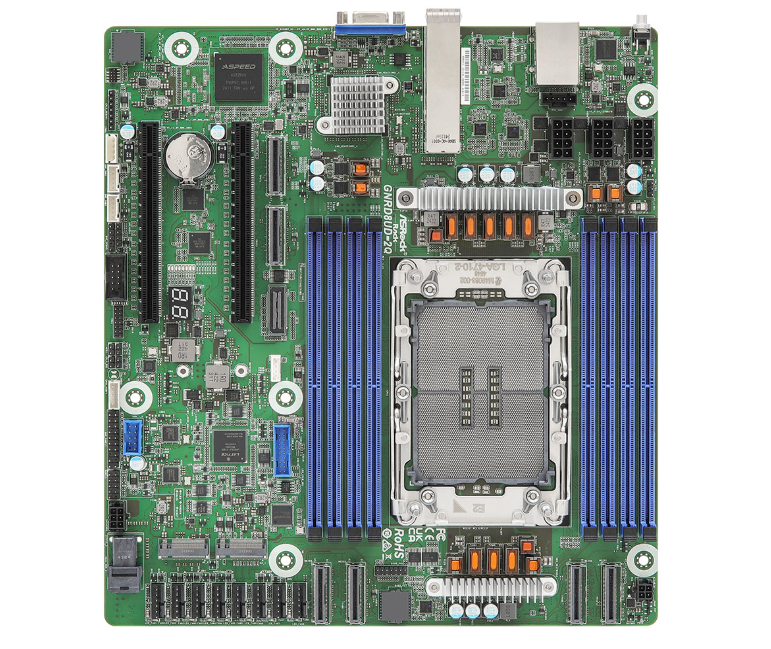 AsRock Rack GNRD8UD-2Q Motherboard - Deep Micro-ATX (9.6" x 10.5") - Supports Intel Xeon 6700E-series processors - 8 DIMM slots (1DPC), supports DDR5 RDIMM - 2 PCIe5.0 / CXL2.0 x16
