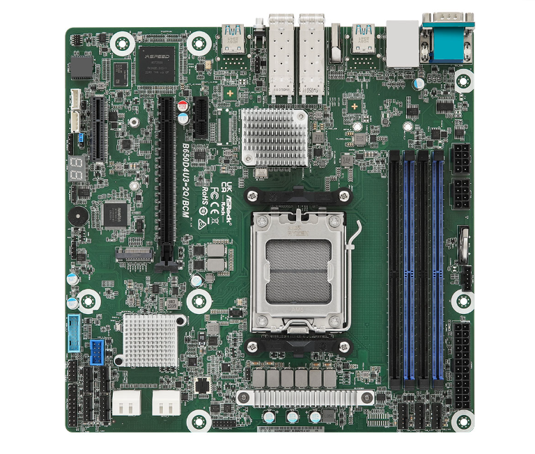 AsRock Rack B650D4U3-2Q/BCM Motherboard - Supports AMD EPYC 4004 and AMD Ryzen 9000/8000/7000 Series Processors - Micro-ATX (9.6" x 9.6") - 4 DIMM slots (2DPC), supports DDR5 ECC/non-ECC UDIMM