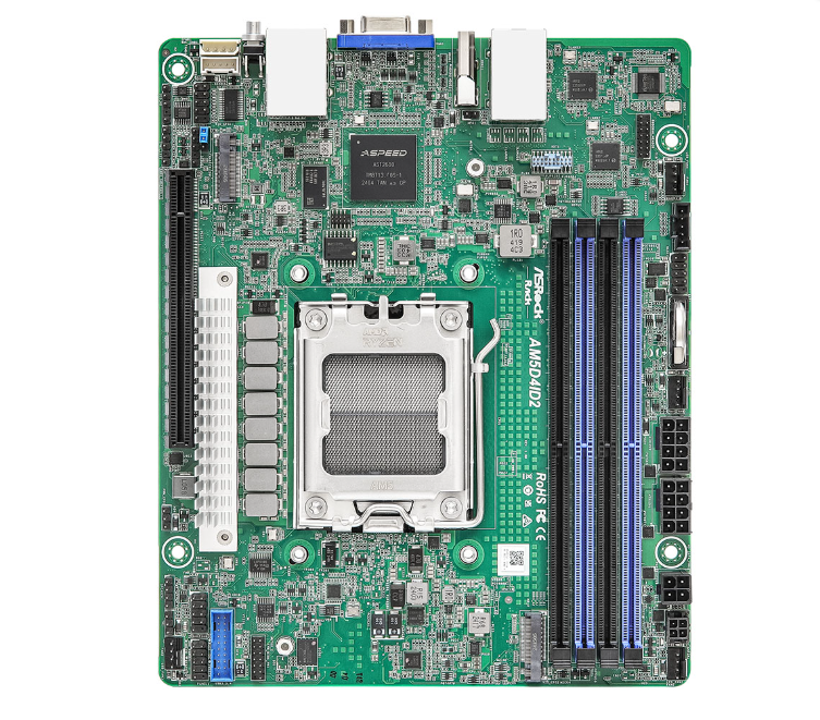 AsRock Rack AM5D4ID2 Motherboard - Supports AMD EPYC™ 4004 and AMD Ryzen™ 9000/8000/7000 Series Processors - Deep mini-ITX (6.7" x 8.2") - 4 DIMM slots (2DPC), supports DDR5 ECC/non-ECC UDIMM