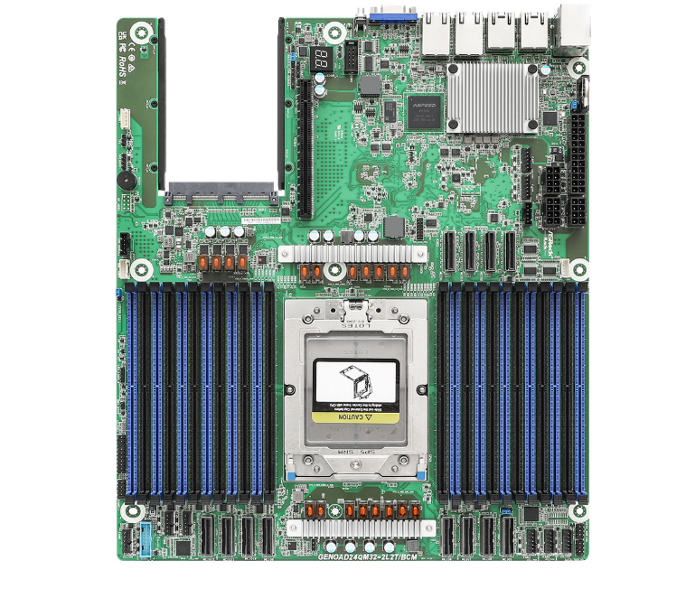 AsRock Rack GENOAD24QM32-2L2T/BCM Motherboard - 24 DIMM slots (2DPC), supports DDR5 RDIMM, RDIMM-3DS - EEB (12" x 14") - Single Socket SP5 (LGA 6096), supports AMD EPYC 9005*/9004 (with AMD 3D V-Cache Technology) and 97x4 series processors