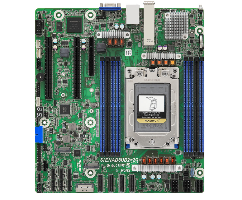 AsRock Rack SIENAD8UD2-2Q Motherboard - Supports ATX PSU or 12V DC-in - Deep Micro-ATX (9.6" x 10.5") - Single Socket SP6 (LGA 4844), supports AMD EPYC™ 8004 series processors