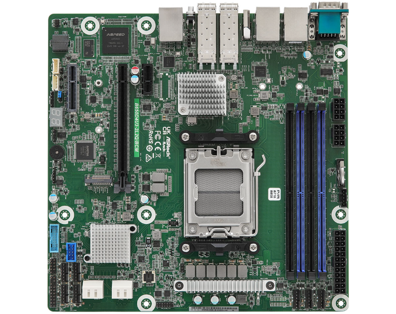 AsRock Rack B650D4U3-2L2Q/BCM Motherboard - 4 DIMM slots (2DPC), supports DDR5 ECC/non-ECC UDIMM - Micro-ATX (9.6" x 9.6") - Supports AMD EPYC 4004 and AMD Ryzen 9000/8000/7000 Series Processors