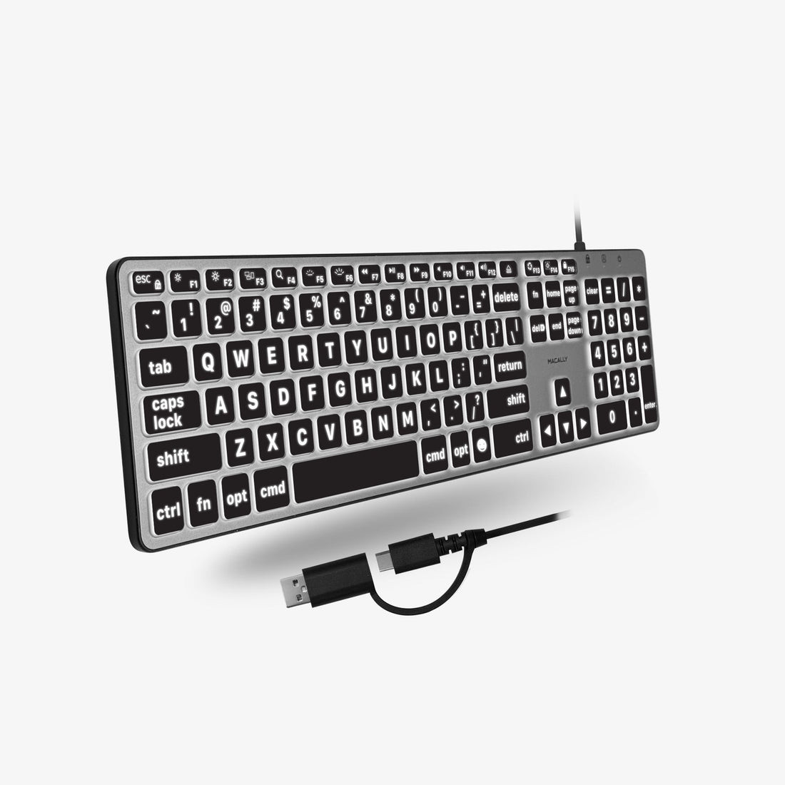 Macally Backlit Large Print Keyboard For Mac with Dual USB A / C - UCABLZKEYLPSG Macally Backlit Large Print Keyboard For Mac with Dual USB A / C - UCABLZKEYLPSG